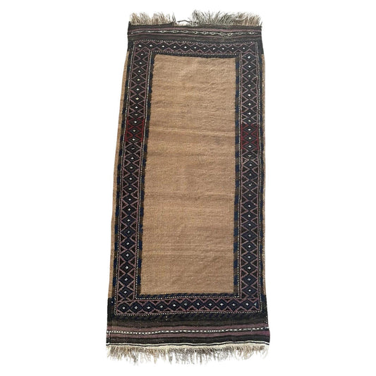 Handmade Antique Afghan Baluch Collectible Rug - 1920s - Rectangular rug featuring geometric patterns and a combination of pile and kilim weaving techniques.