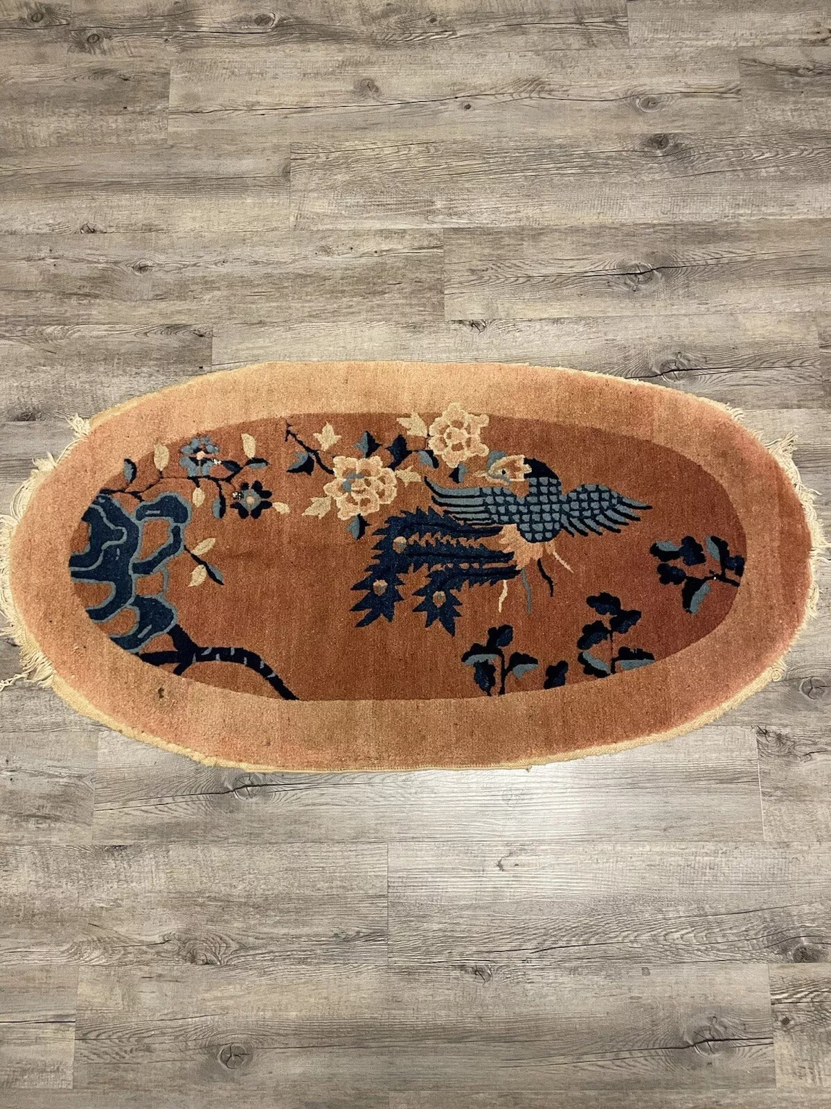 Hand-Knotted Art Deco Chinese Rug – Rich Blue & Beige Hues