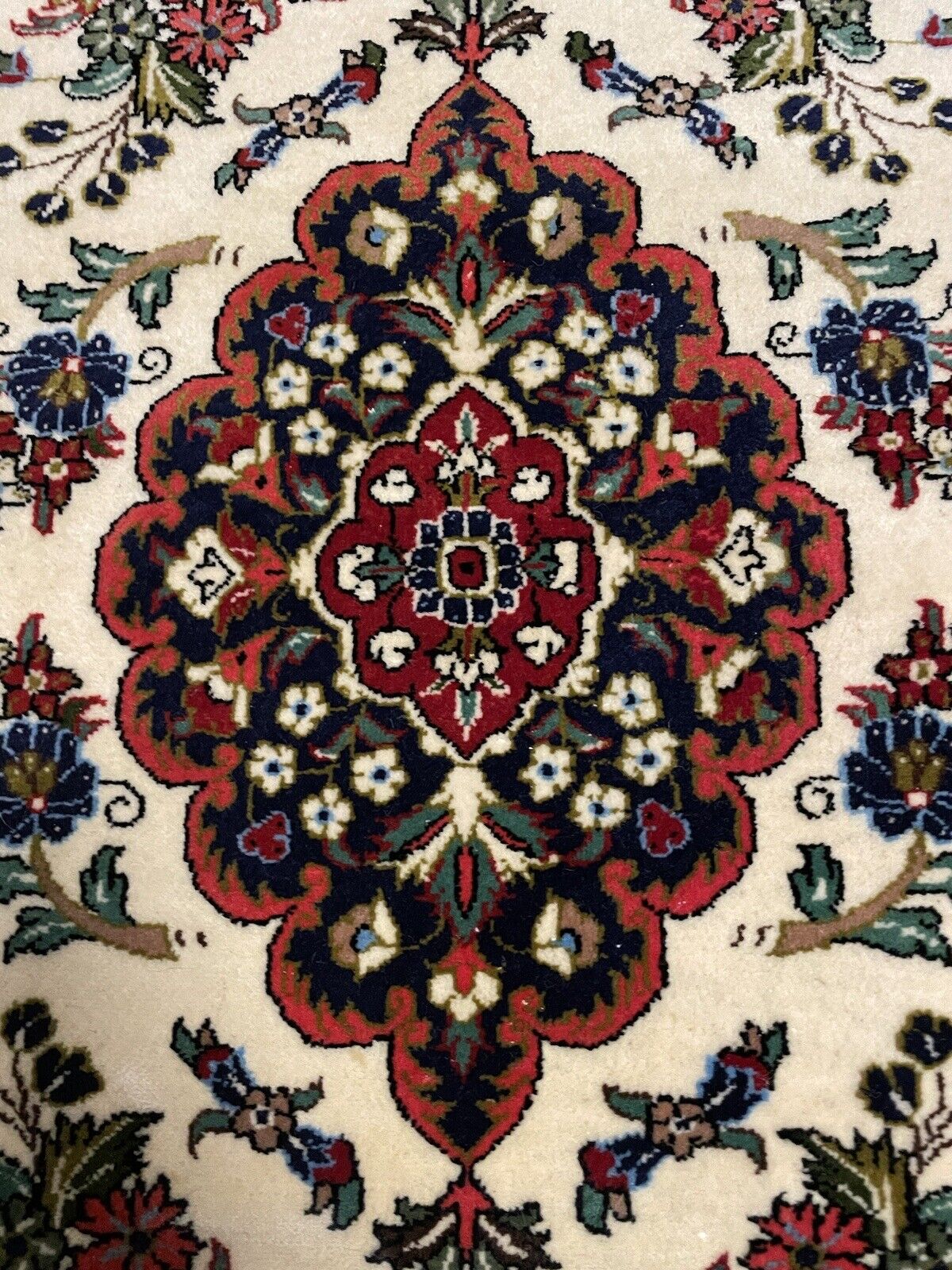 Authentic Vintage Persian Qum Wool Rug β Red, Black, and Cream