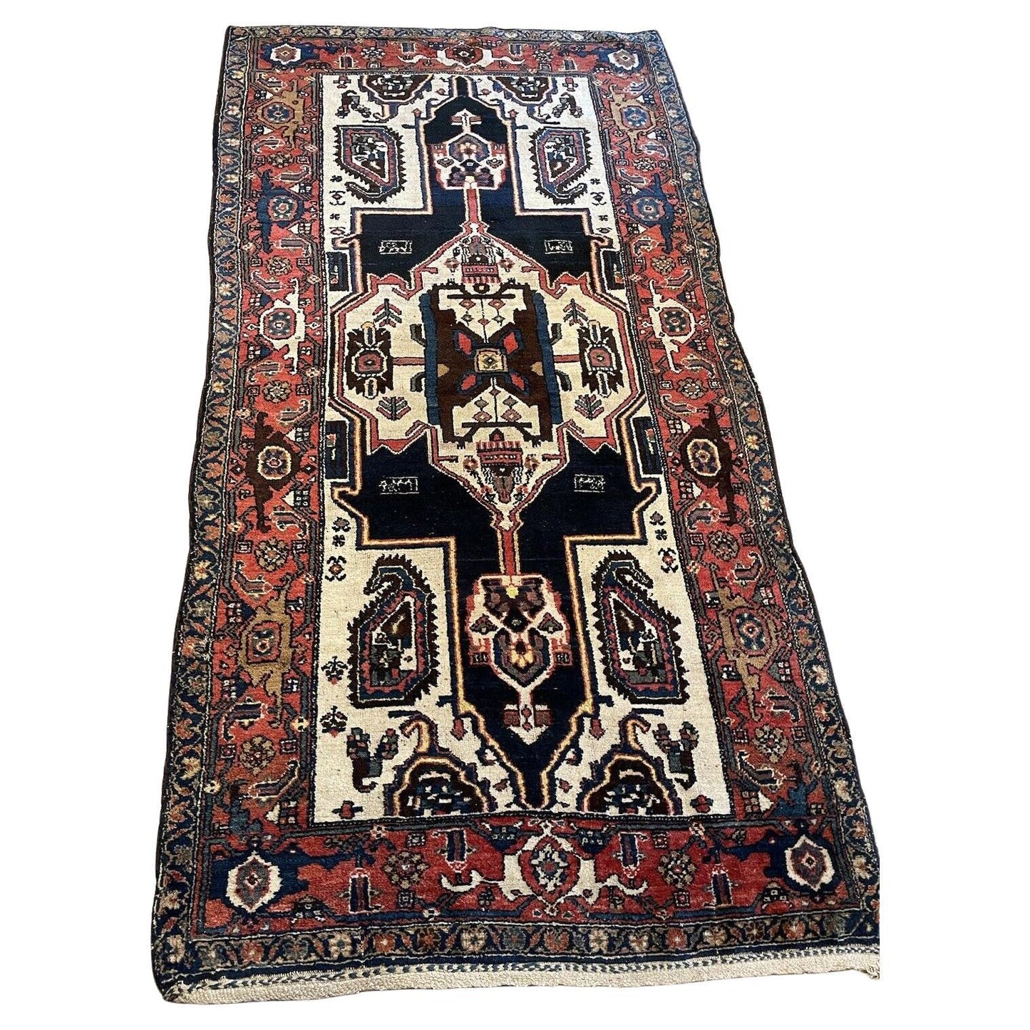 Handmade antique Hamadan wool rug from the 1920s, 3.9' x 7.7'