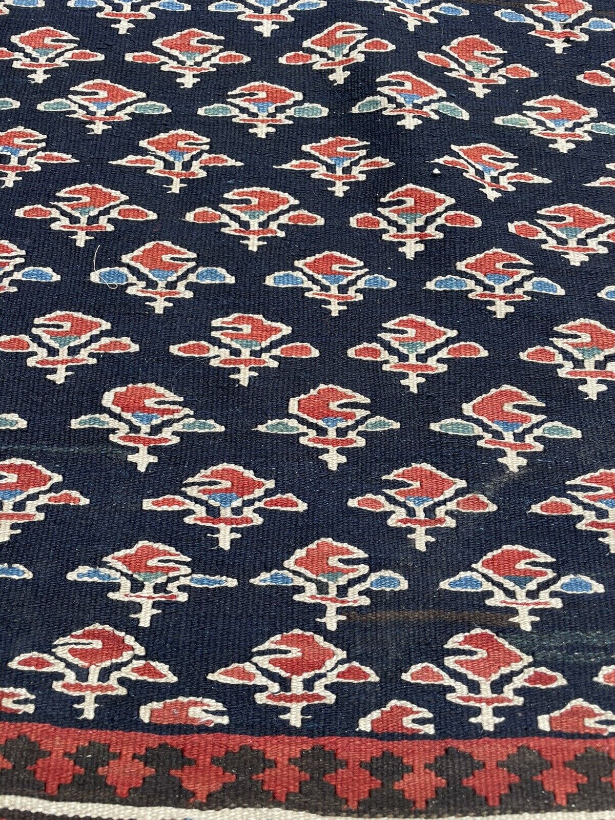 Full view of a 1970s Gashkai wool runner in good vintage condition