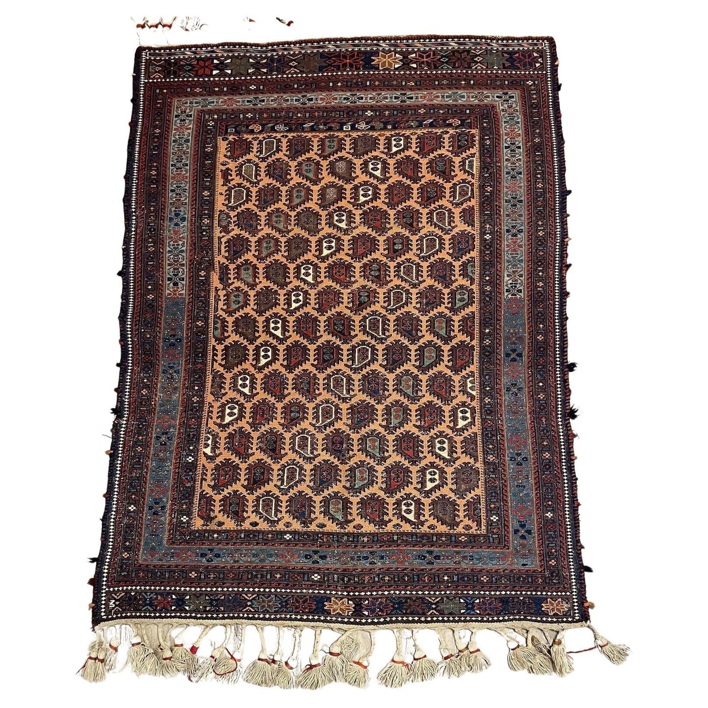 Handmade antique Afghan Sumak rug with intricate geometric patterns