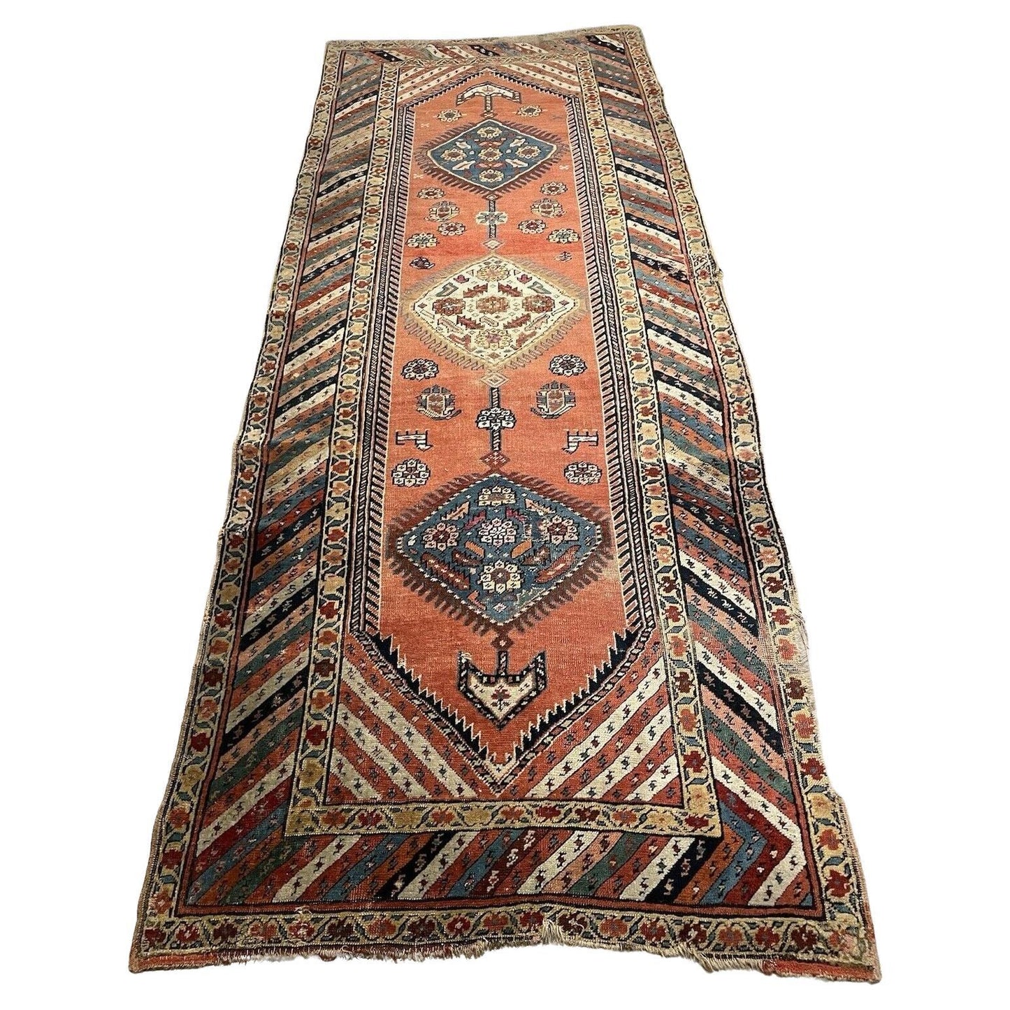 Antique Persian Kurdish rug 1870s with terracotta and indigo medallions