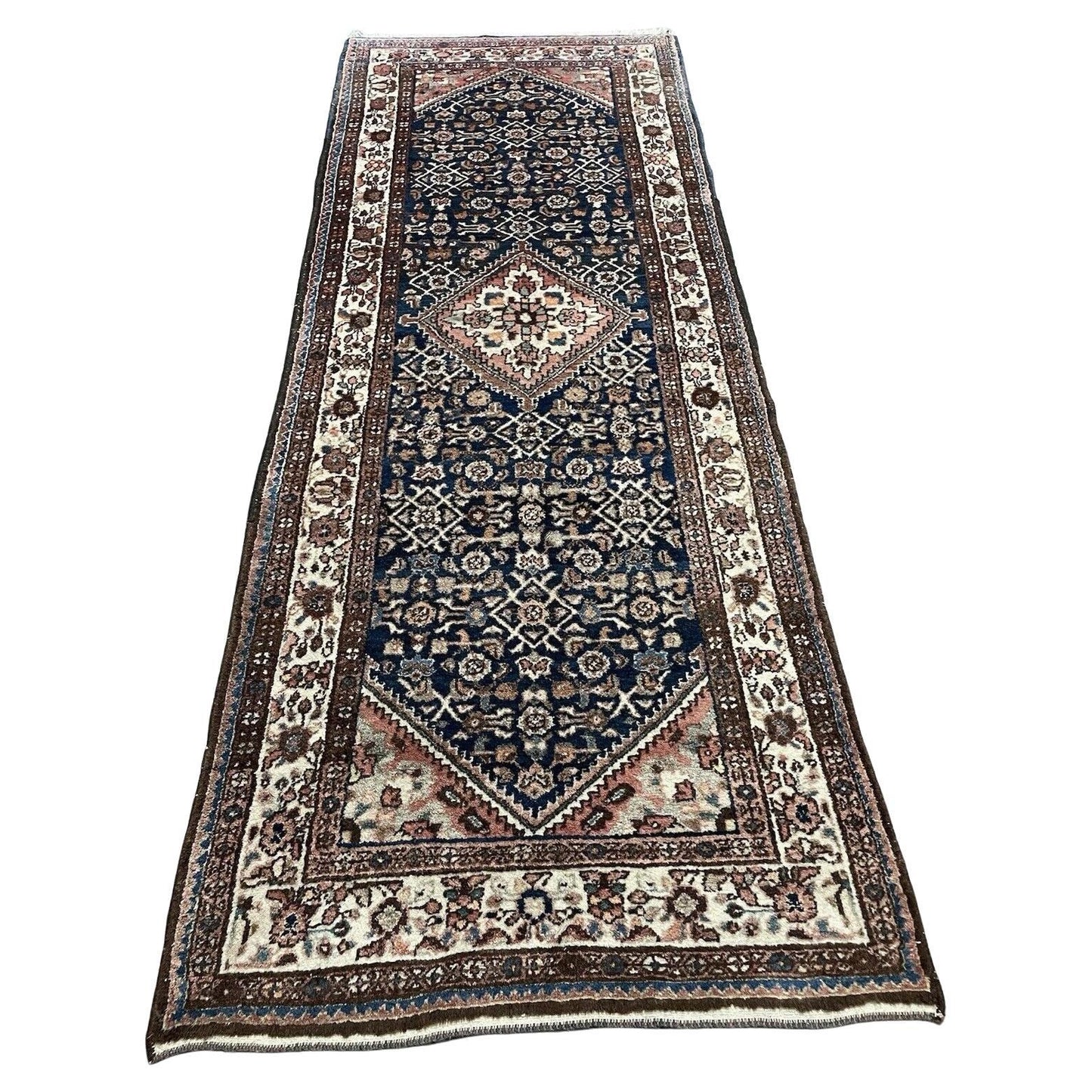 Antique Persian Hamadan runner rug with indigo and red tribal design