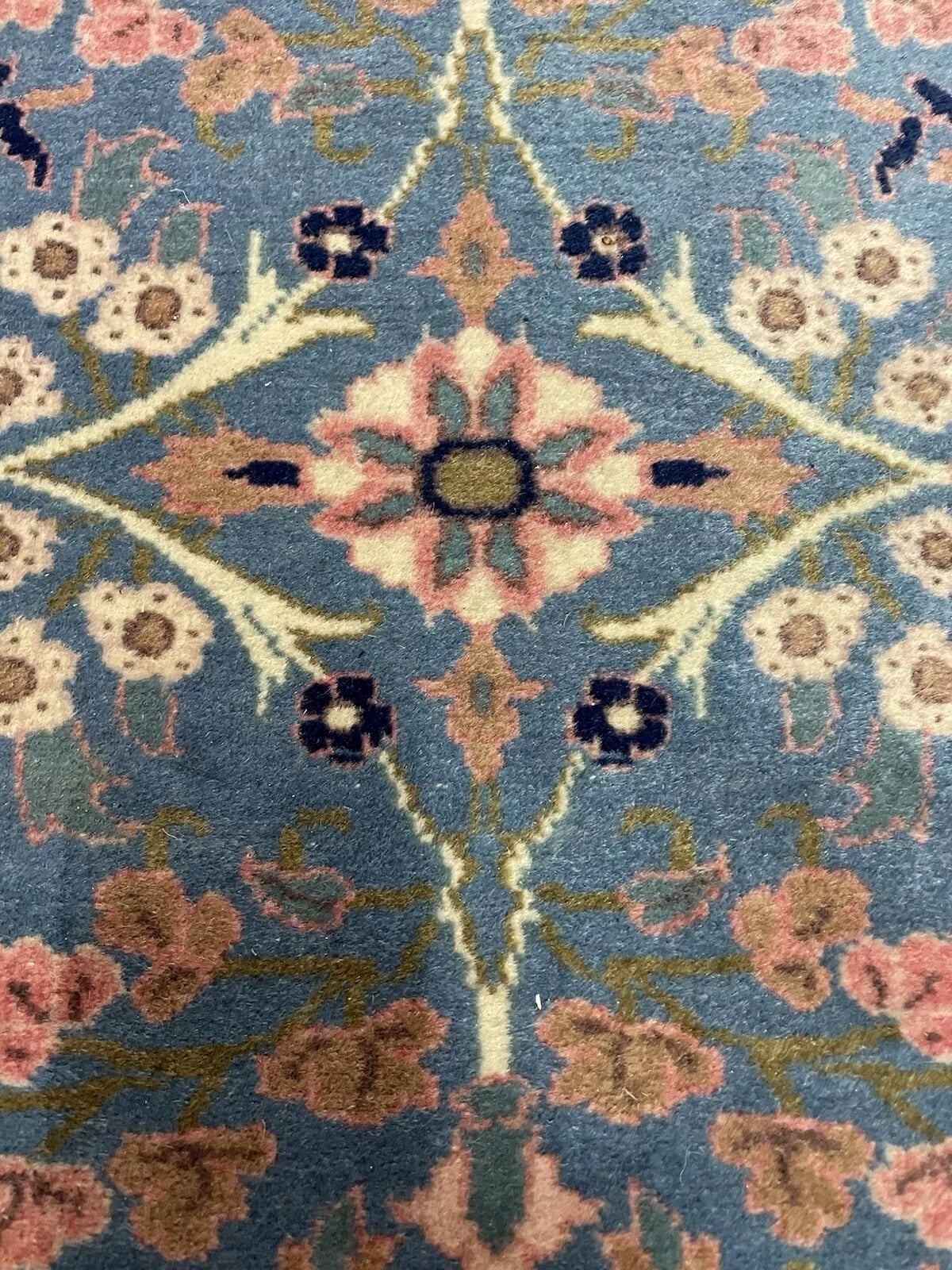 Earthy-toned runner rug with geometric borders in indigo