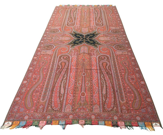 Handmade Antique Indian Cashmere Shawl featuring rich red color with intricate woven patterns