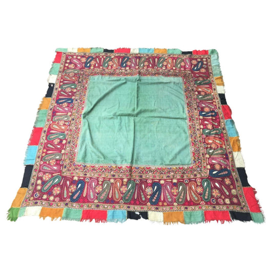 Handmade Antique Indian Kashmir Shawl featuring rich green color with intricate paisley and floral motifs