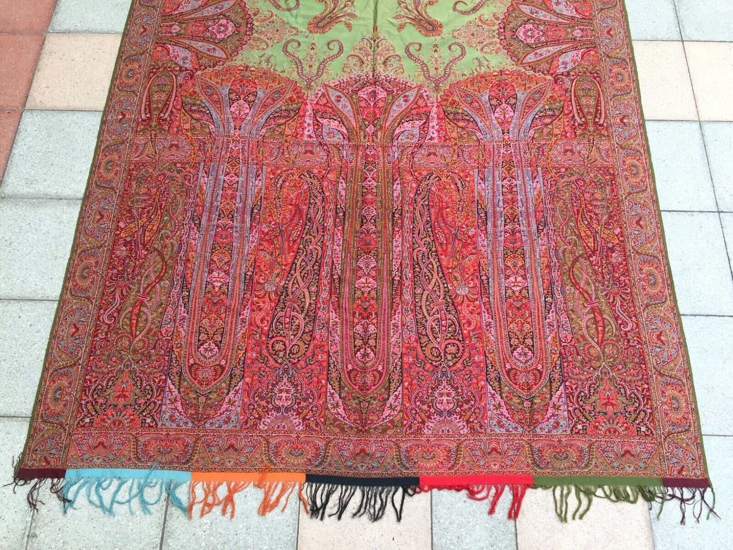 Lighter Green Center Standing Out Among Intricate Designs on Handmade Antique Kashmir Shawl - 1870s