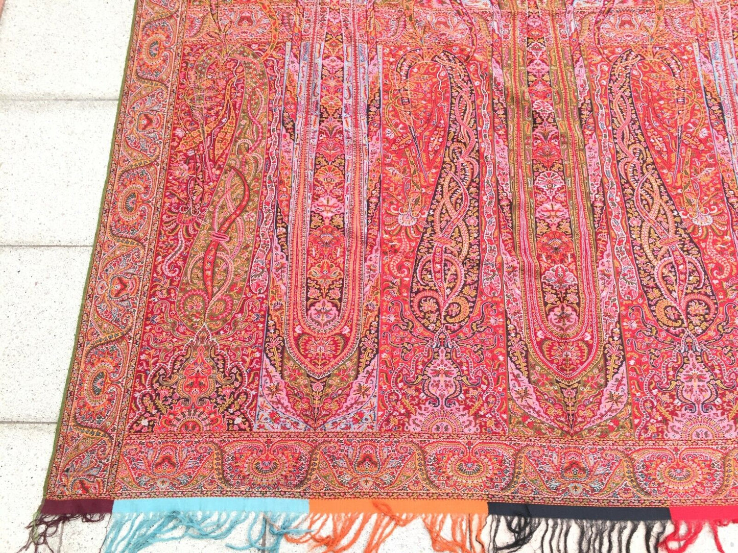 Lighter Green Center Providing Contrast on Handmade Antique Indian Kashmir Shawl - 1870s