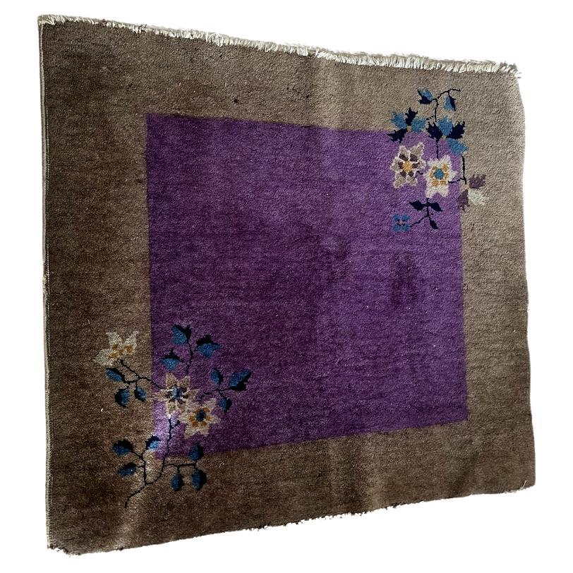 Handmade antique 1920s Art Deco Chinese wool rug with floral motifs