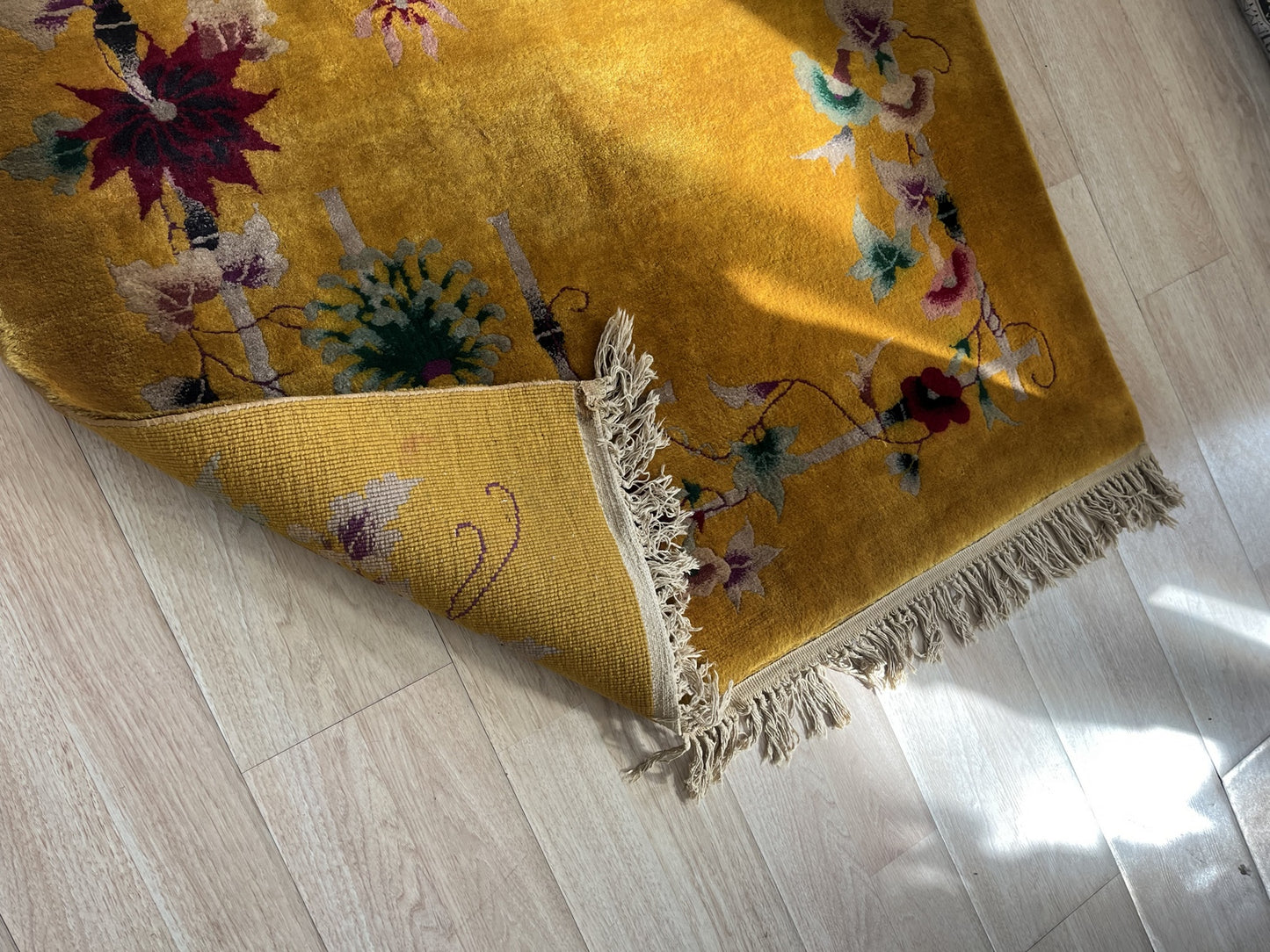 Fringed edges of the 1920s Art Deco Chinese rug