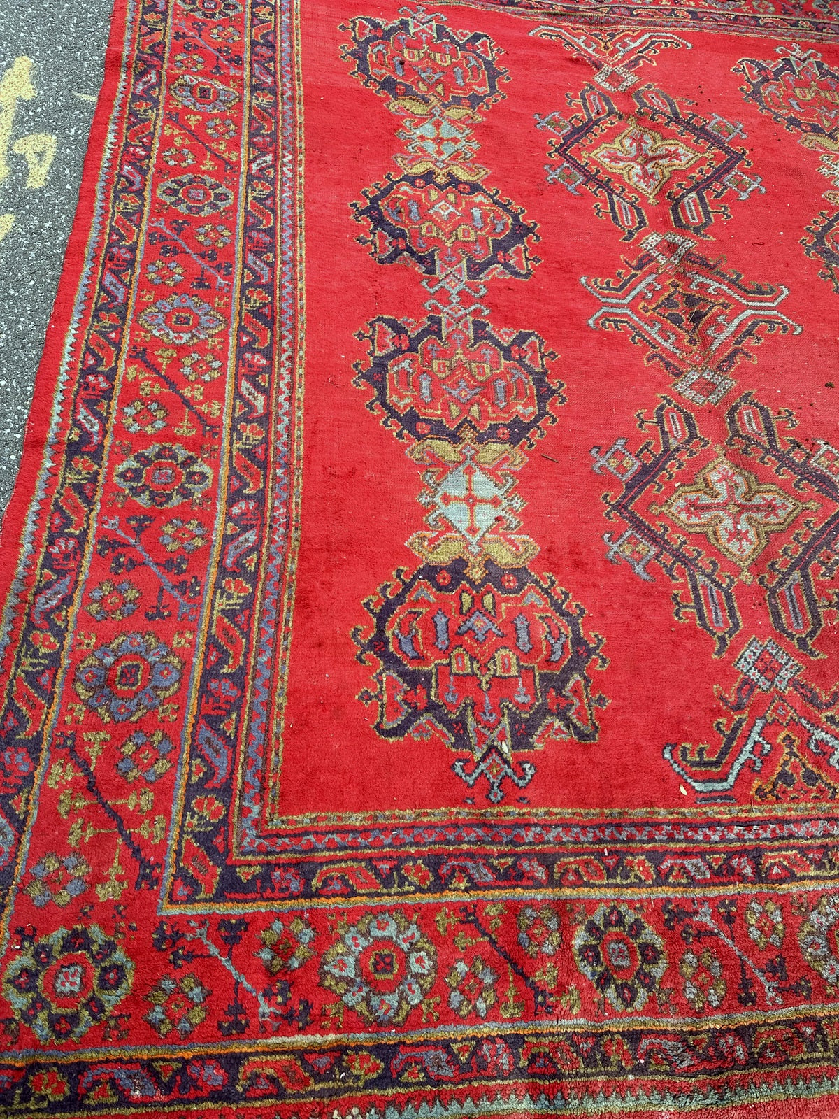 Close-up of geometric patterns in red, blue, yellow, and white