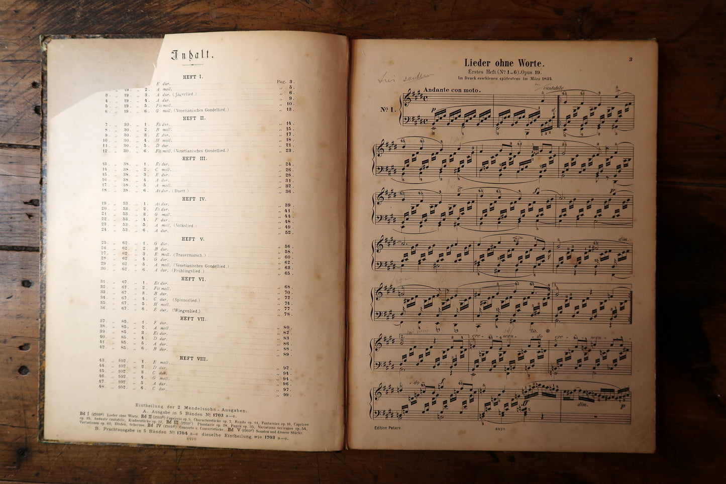 Antique music book with aged pages and leather cover