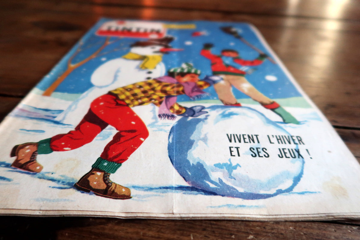 Mid-century European comic art history item featuring classic Hergé illustrations, Dino Attanasio artwork, and period commercial advertisements.