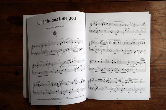 I Will Always Love You piano score spread with Dolly Parton credit and numbered recording reference.