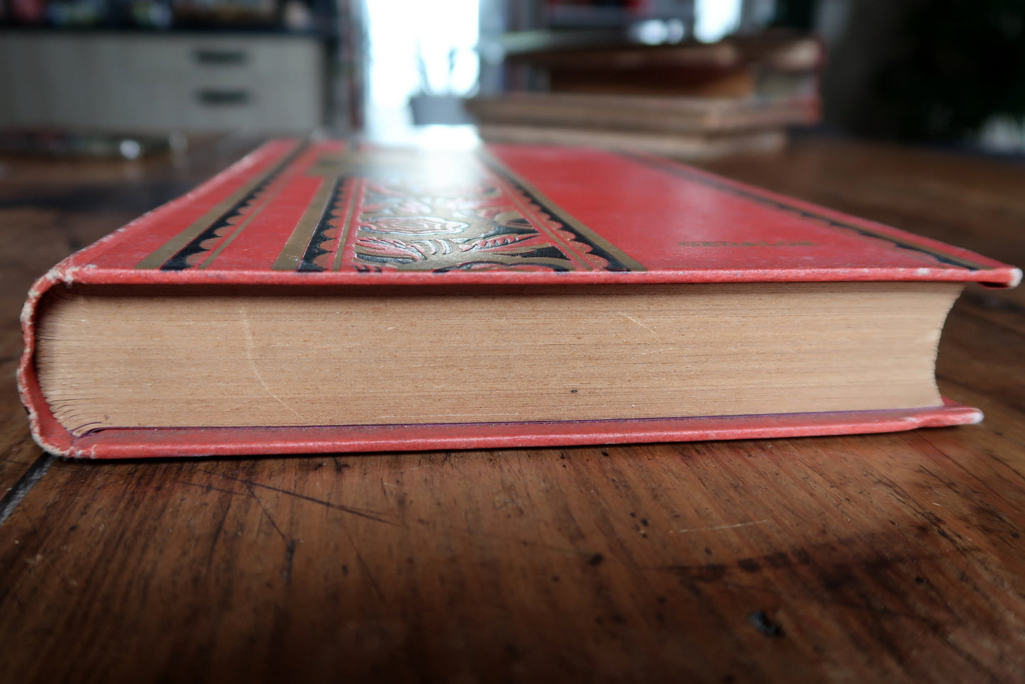 Antique French illustrated book spine detail, showing title and binding