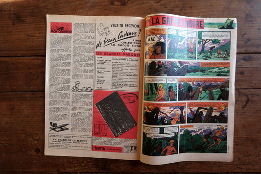 Close-up of the cover art on a 1958 French Tintin comic book magazine showing a striking avalanche scene, the iconic Tintin header, and the issue number and date.