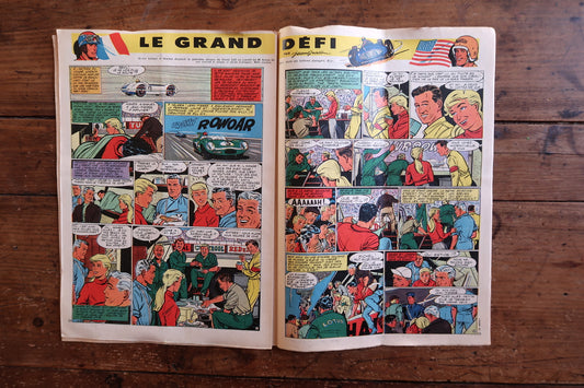 Close-up of the cover art on a 1958 French-Belgian Tintin comic magazine showing two men struggling on a rocky alpine ridge, with the iconic Tintin header and announcement of next week's story "Jari dans la Tourmente."