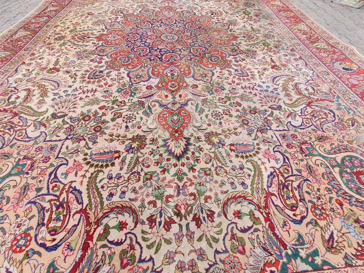 Full view of 392 × 297 cm vintage Tabriz rug
