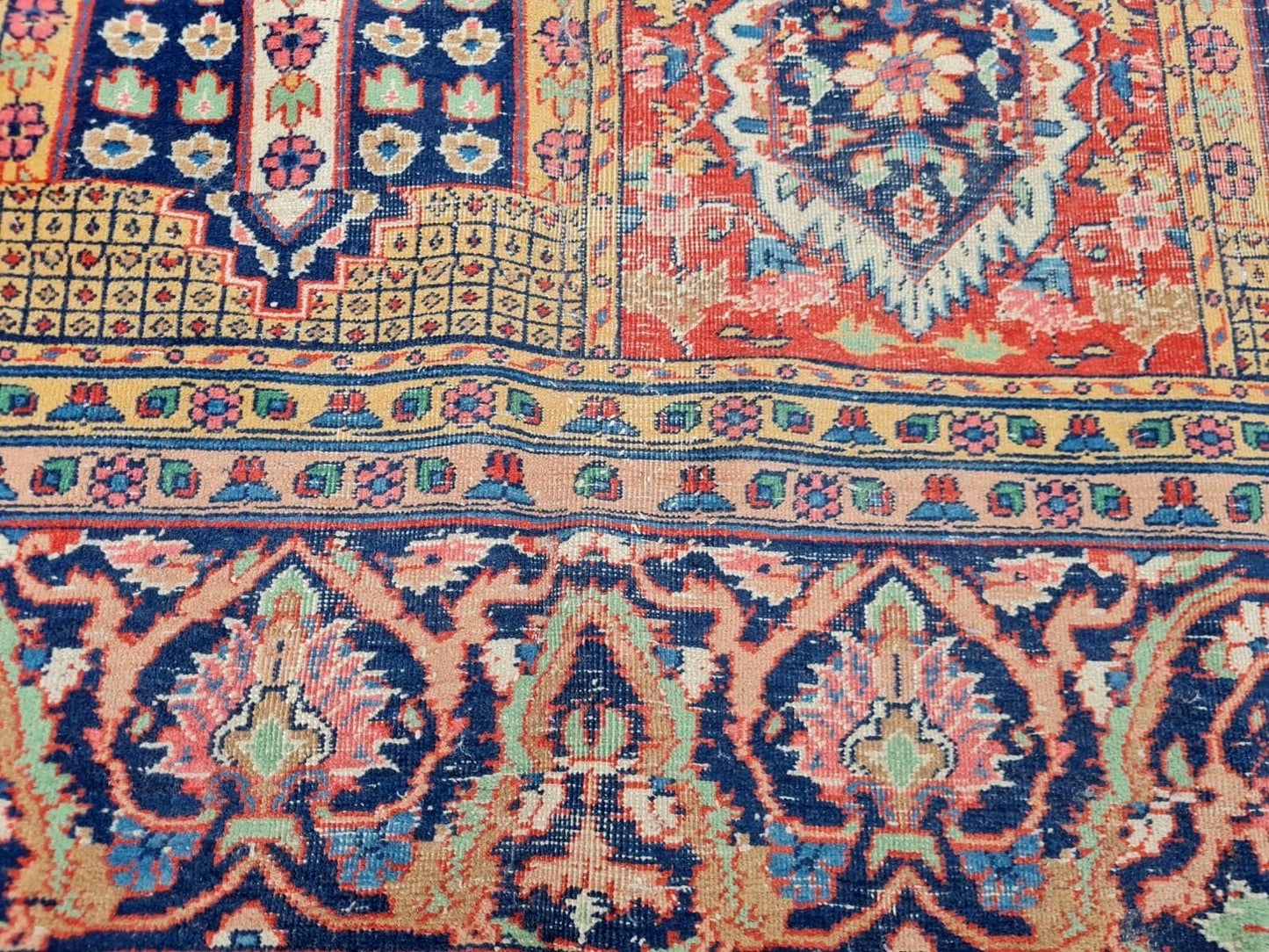 Vintage Persian rug with a sky blue and coral red color palette.