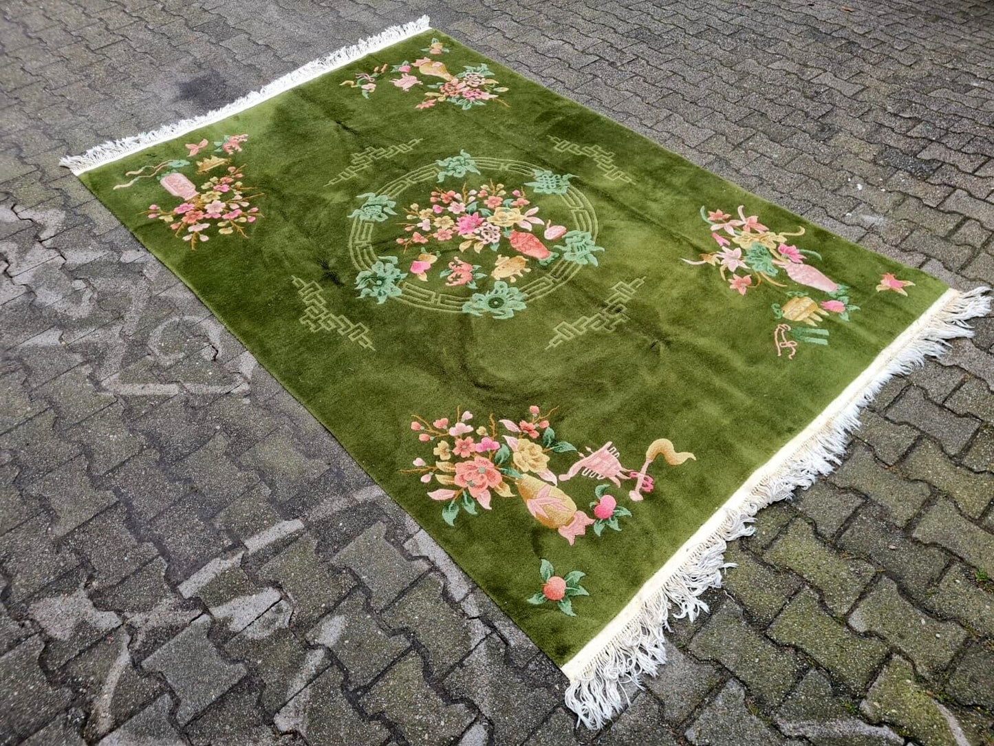 Hand-knotted wool texture of vintage Chinese rug