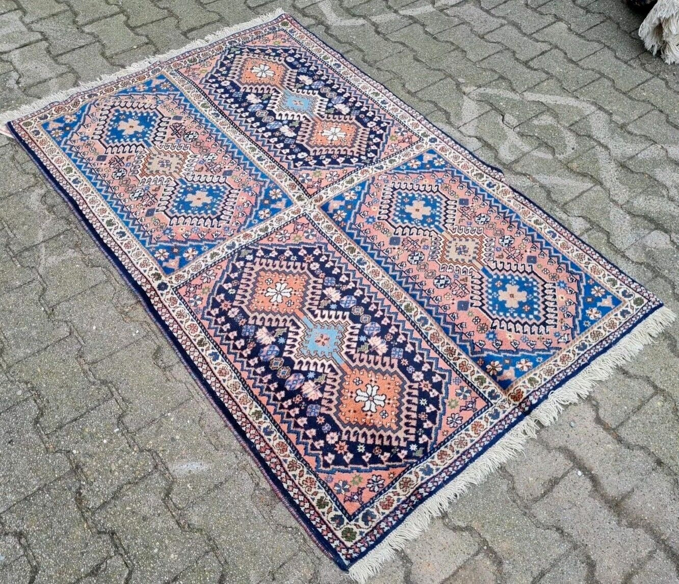 Full view of vintage Persian tribal rug 3.4 x 5 ft