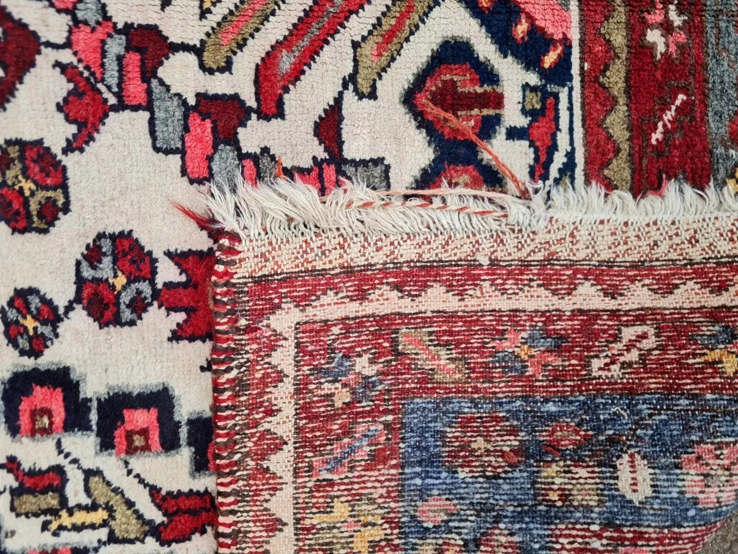 hand-knotted wool surface on vintage Hamadan rug