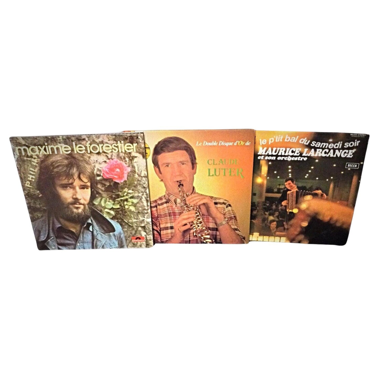 Close-up of vinyl records from M. Le Forestier, C. Luter, and M. Larcange lot