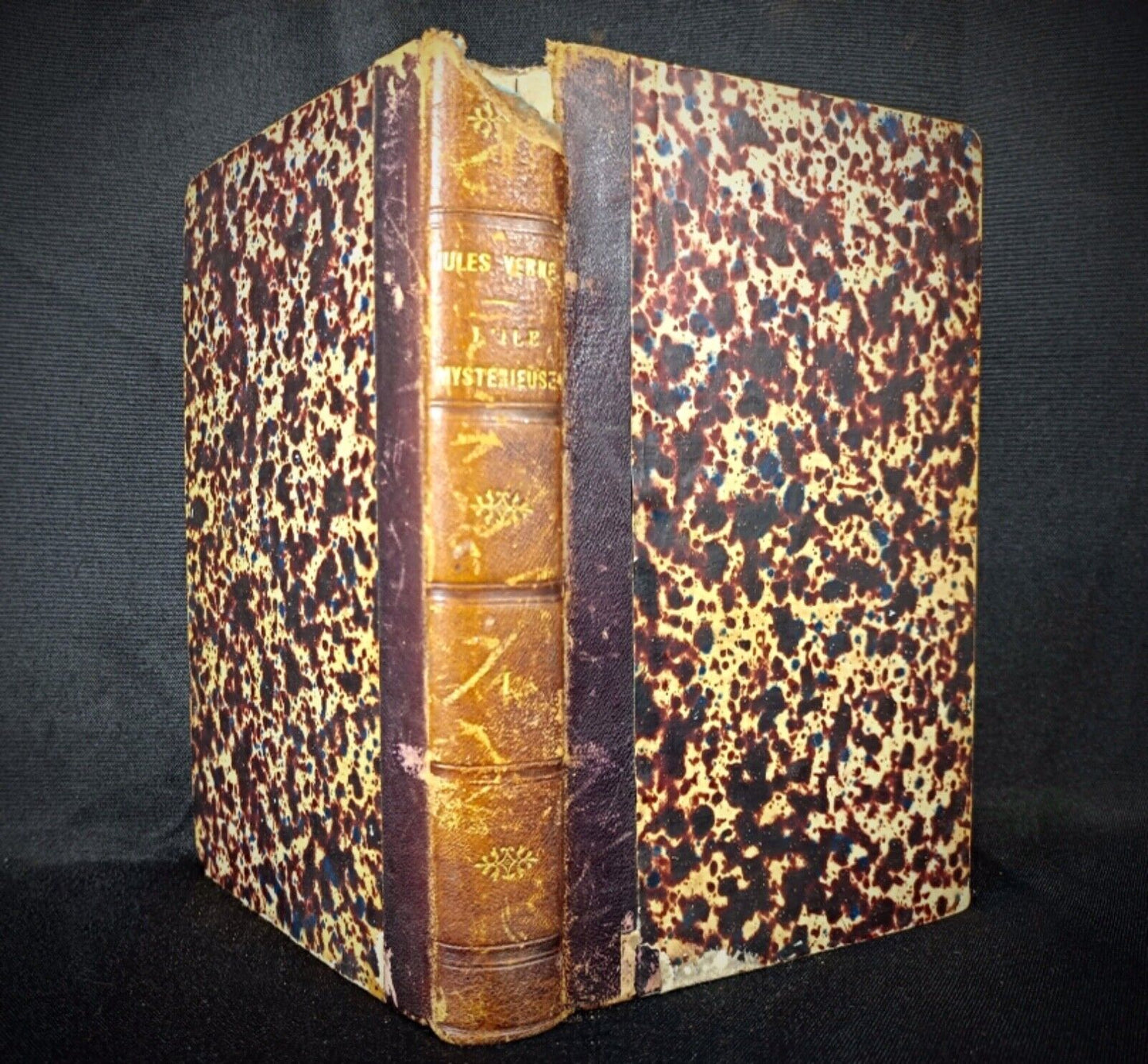 Close-up of an aged Jules Verne book with vintage characteristics