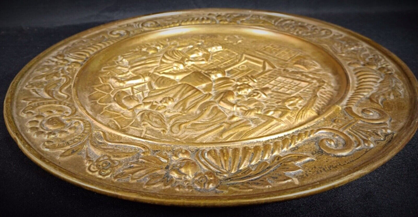 Antique brass plate with tavern scene — 14.4 inches in diameter
