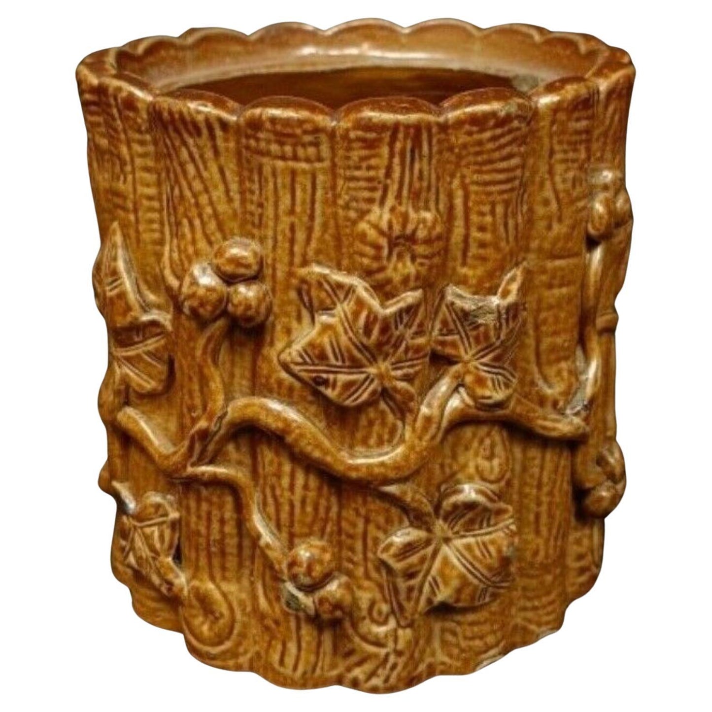 Small vintage terra cotta flower pot with grape design