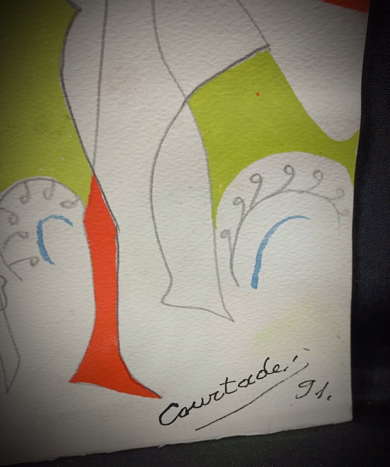 Close-up of studio stamp and number in watercolor drawing