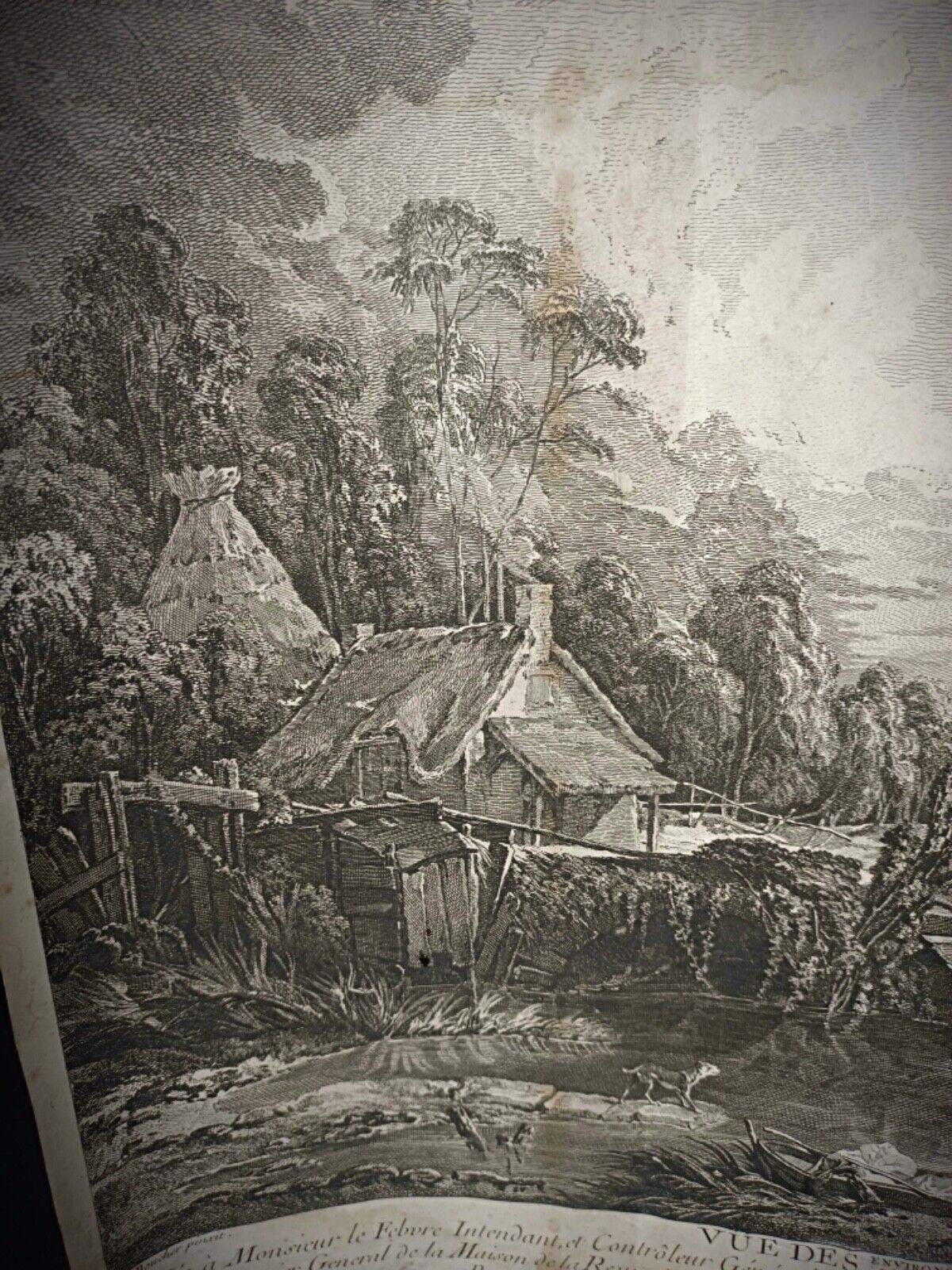 Delicate pastoral landscape detail in antique lithograph