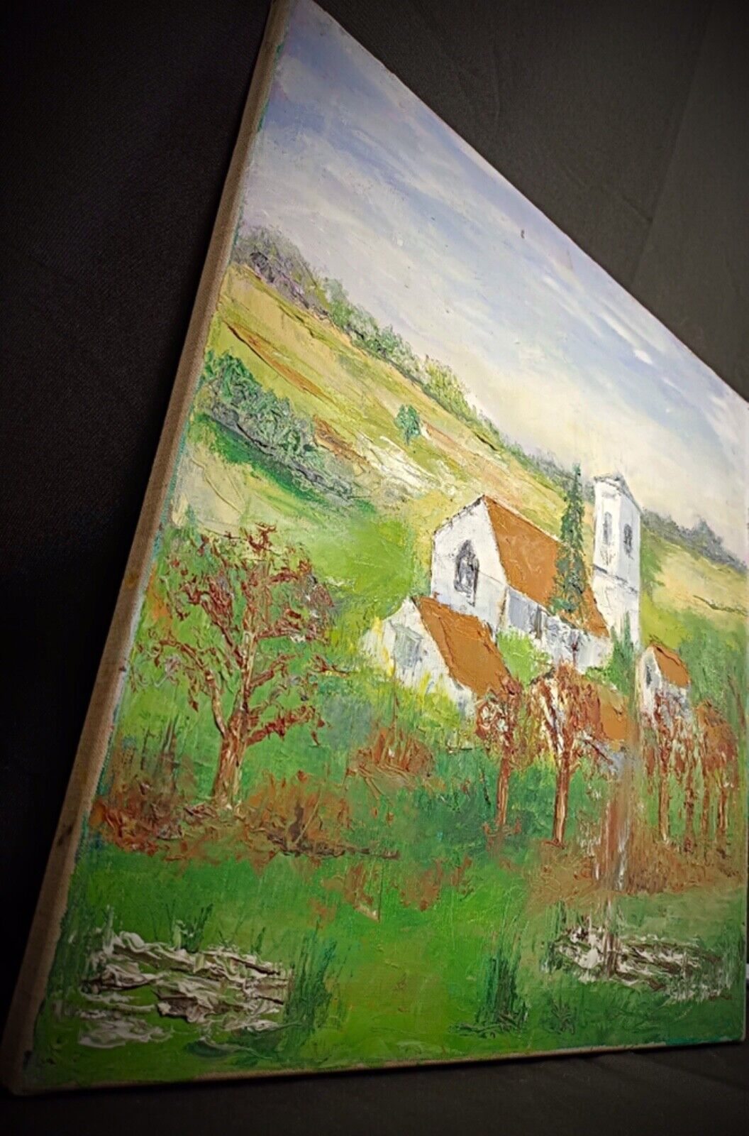 Full view of 20th-century French village church painting