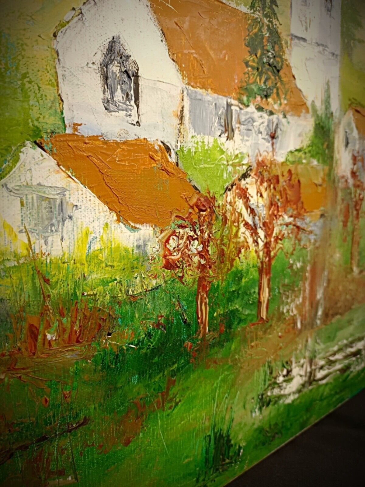 Detailed brushwork in village church oil painting