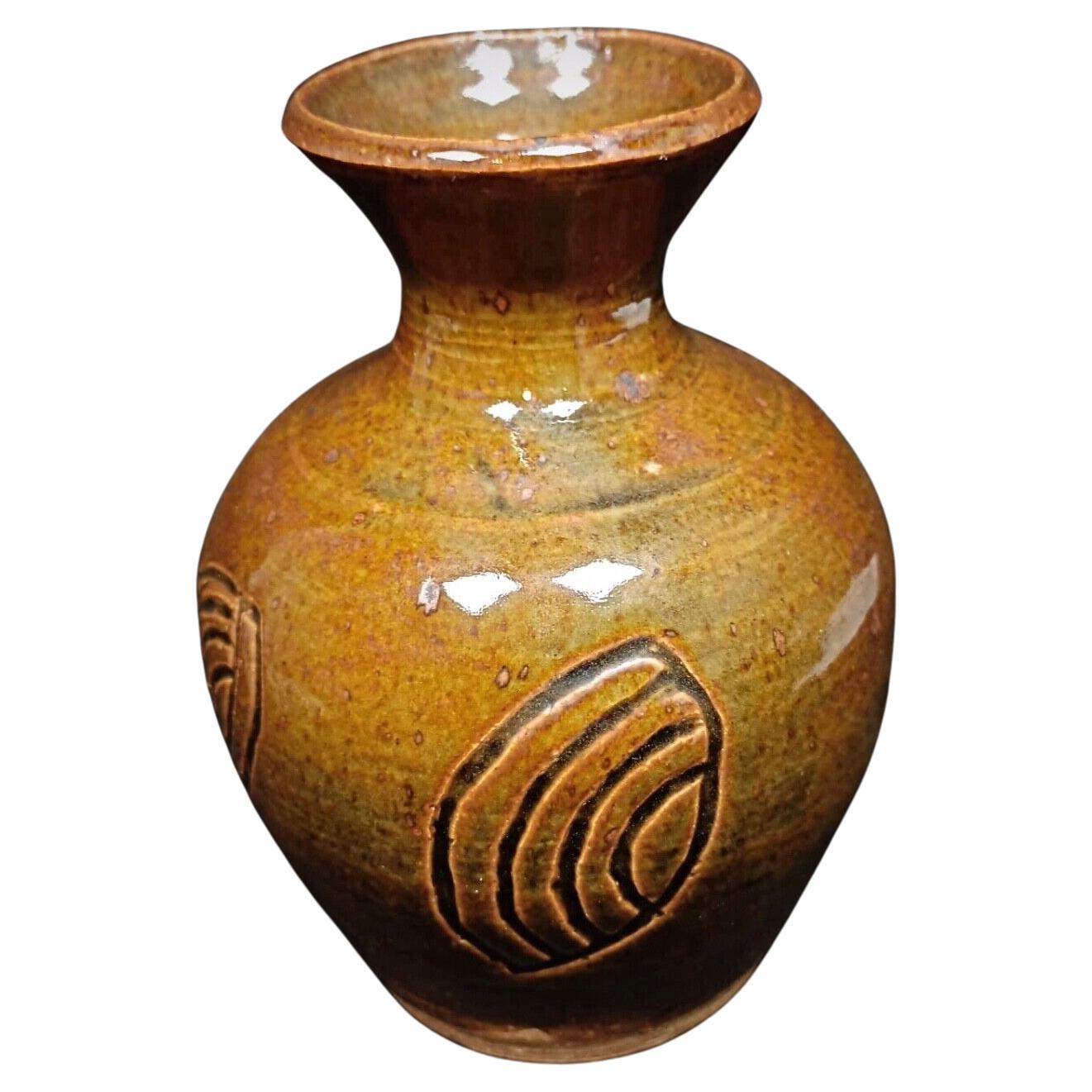 Handcrafted terracotta vase with rich enamel finish, signed P.M.E, full view