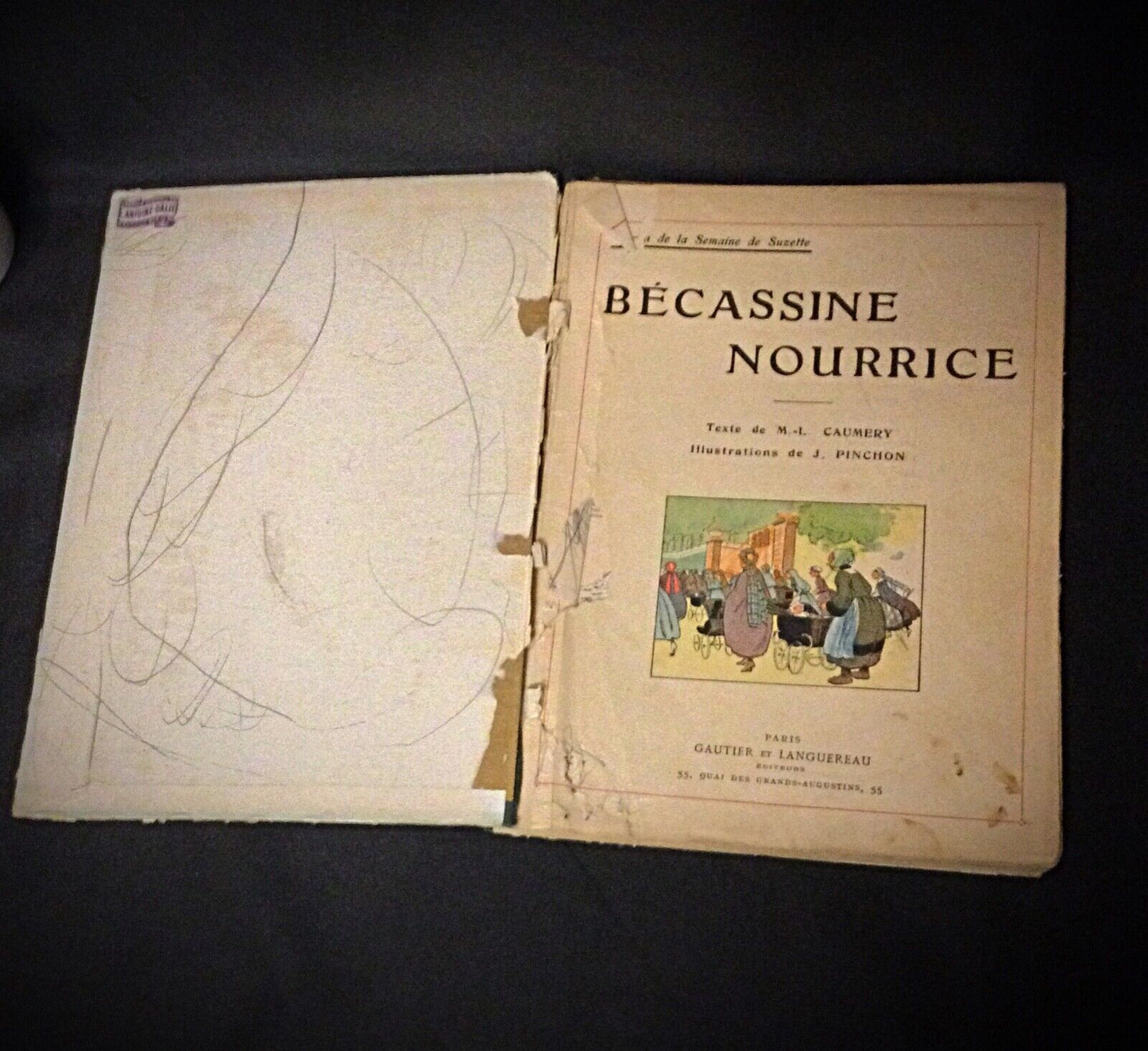 Inside pages showing Pinchon illustrations from BĂ©cassine Nourrice.