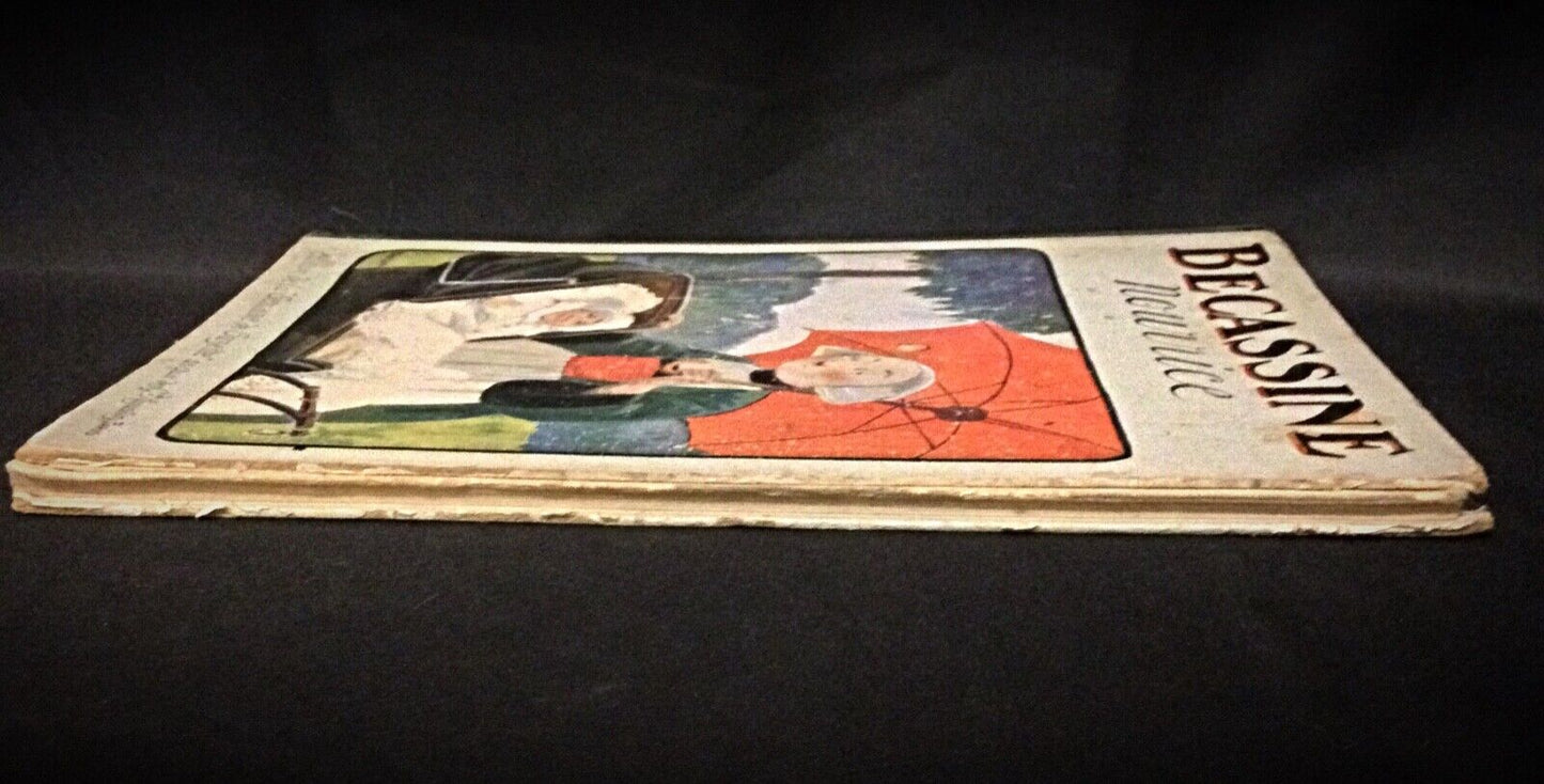 Torn pages and pencil marks on vintage BĂ©cassine Nourrice.
