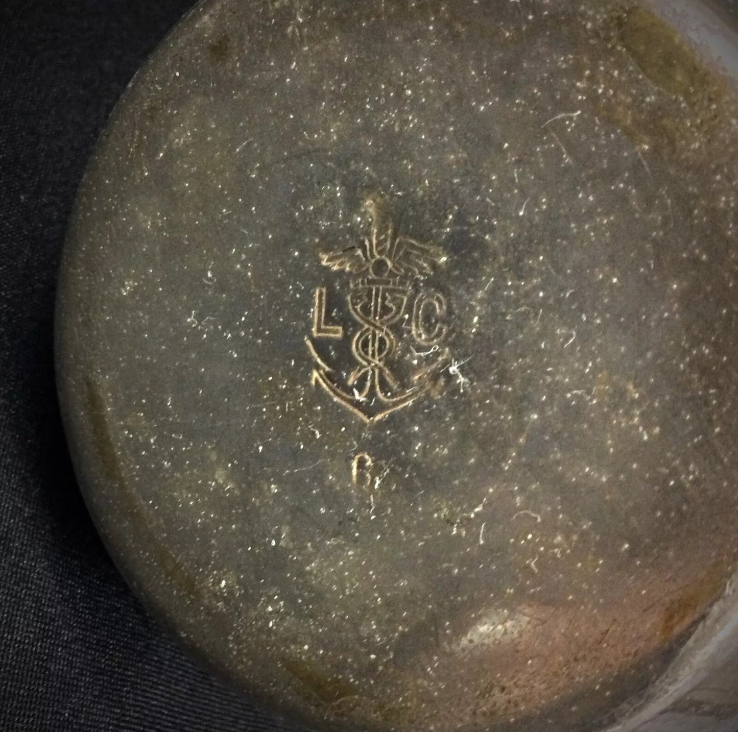 Antique metal coffee pot featuring small dents and patina consistent with age and use as shown in product photos