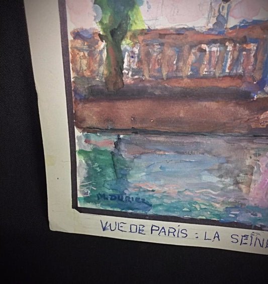 Vintage Parisian landscape painting capturing iconic beauty of Seine riverbanks and bridges on paper