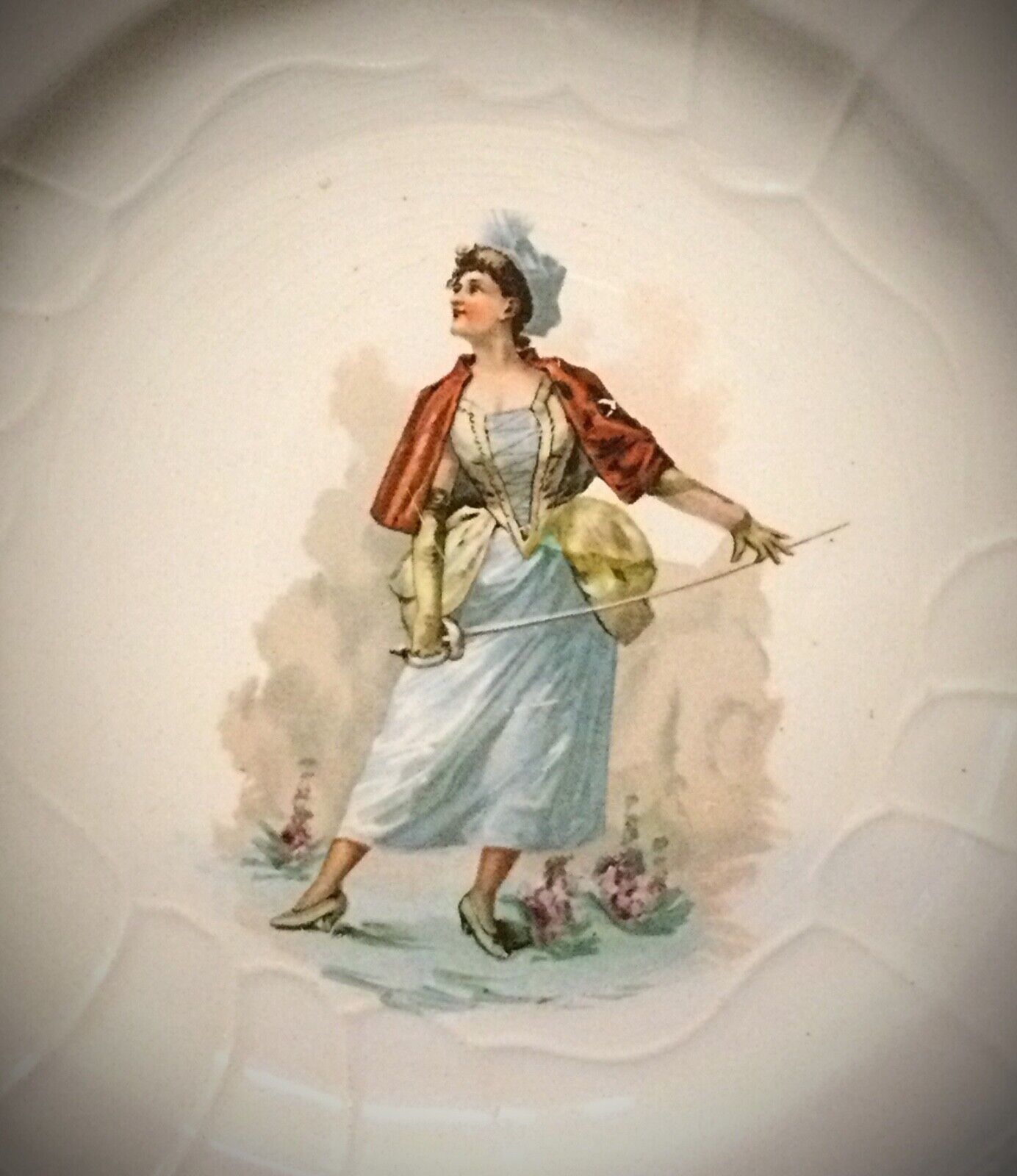 The plate displayed on a stand, showcasing its classic design