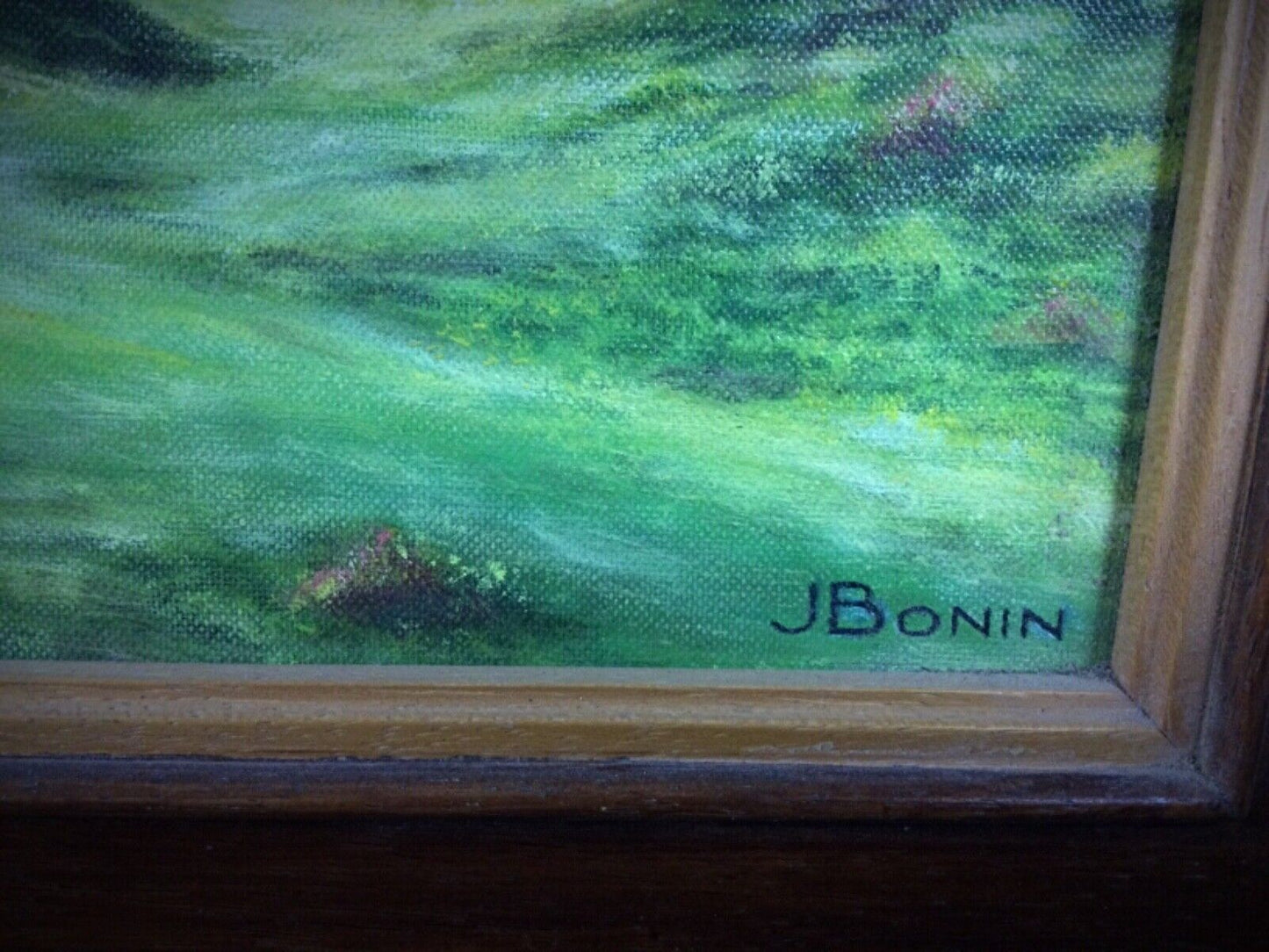 Oil on canvas artwork depicting Mont-Blanc mountains and chalet
