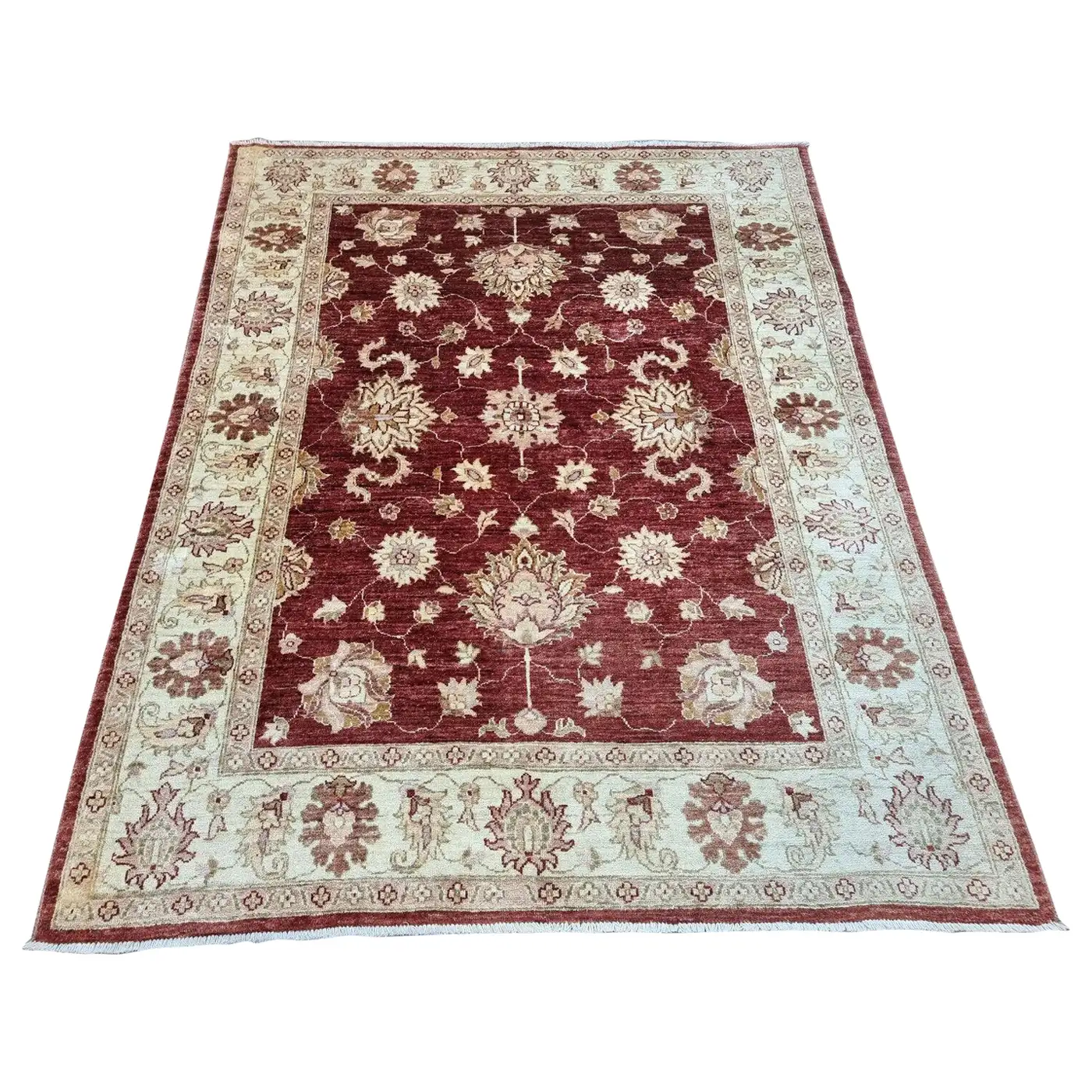 Handmade Vintage Afghan Zigler Rug - 1980s - Wool rug showcasing intricate patterns in deep red and cream tones.