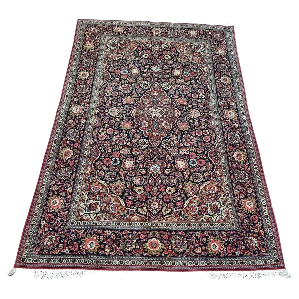 Handmade Antique Persian Kashan Rug - 1920s - Complex pattern with dark base color and multicolored designs.