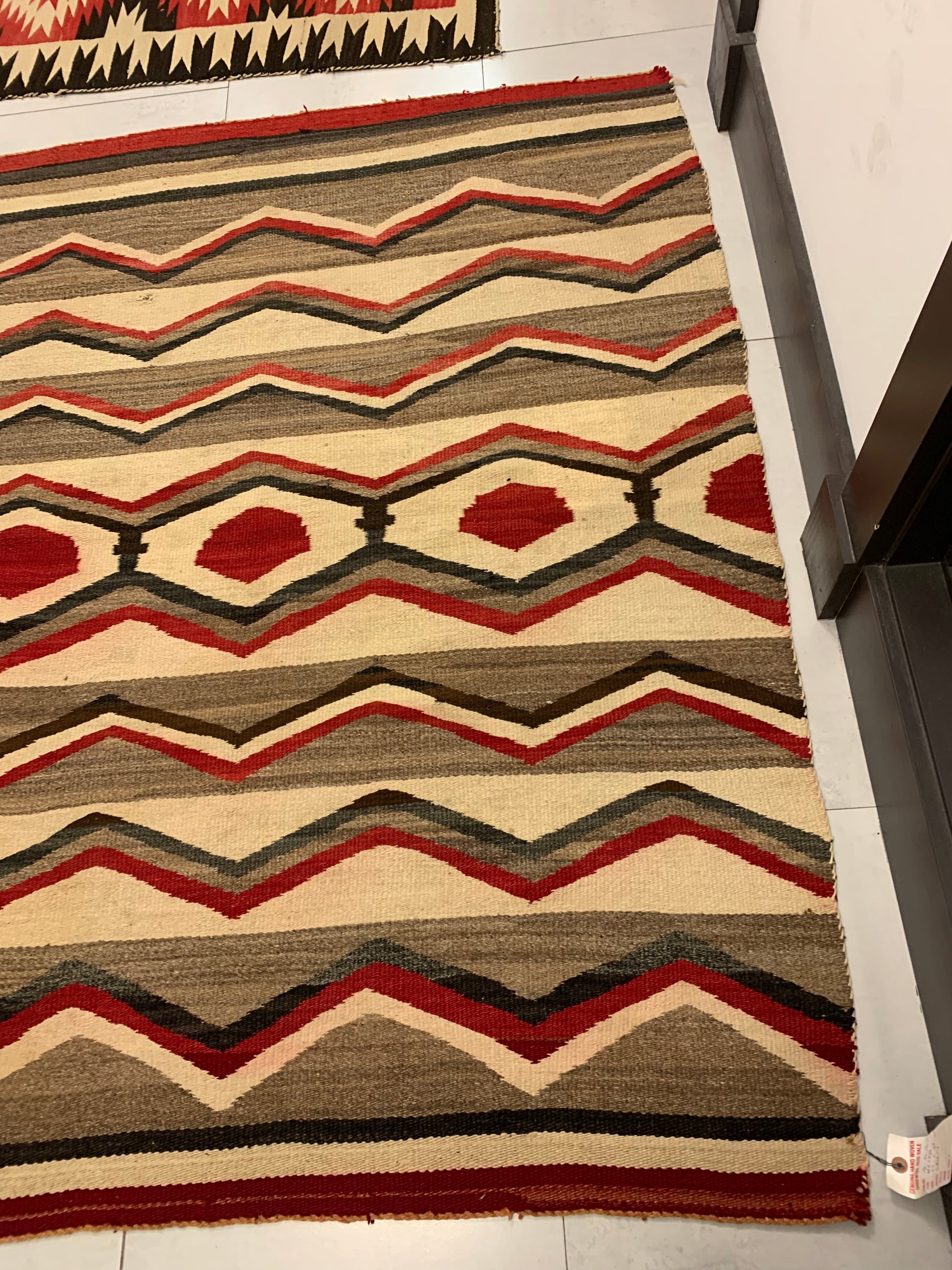 Overhead shot of the Handmade Antique Native American Navajo Rug Blanket displaying size and dimensions