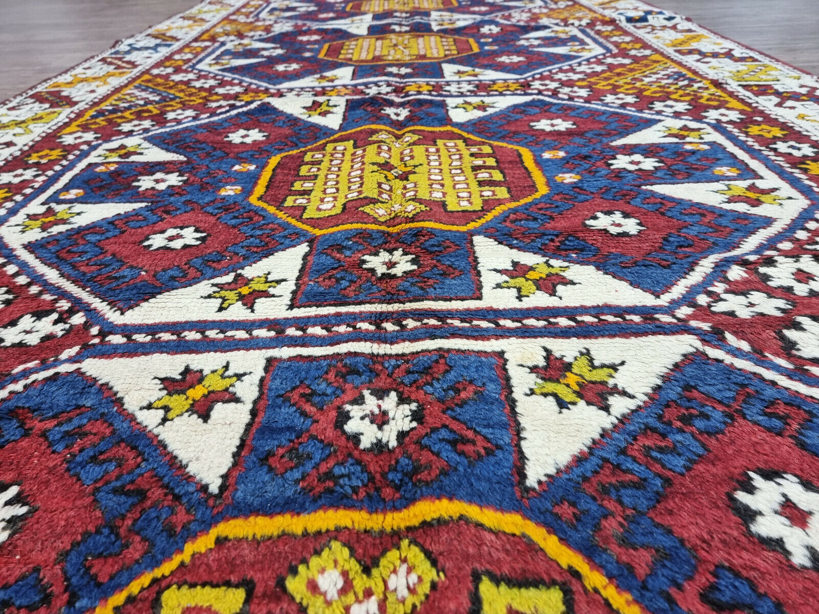 Close-up of the three prominent medallions on the Handmade Antique Turkish Anatolian Runner Rug