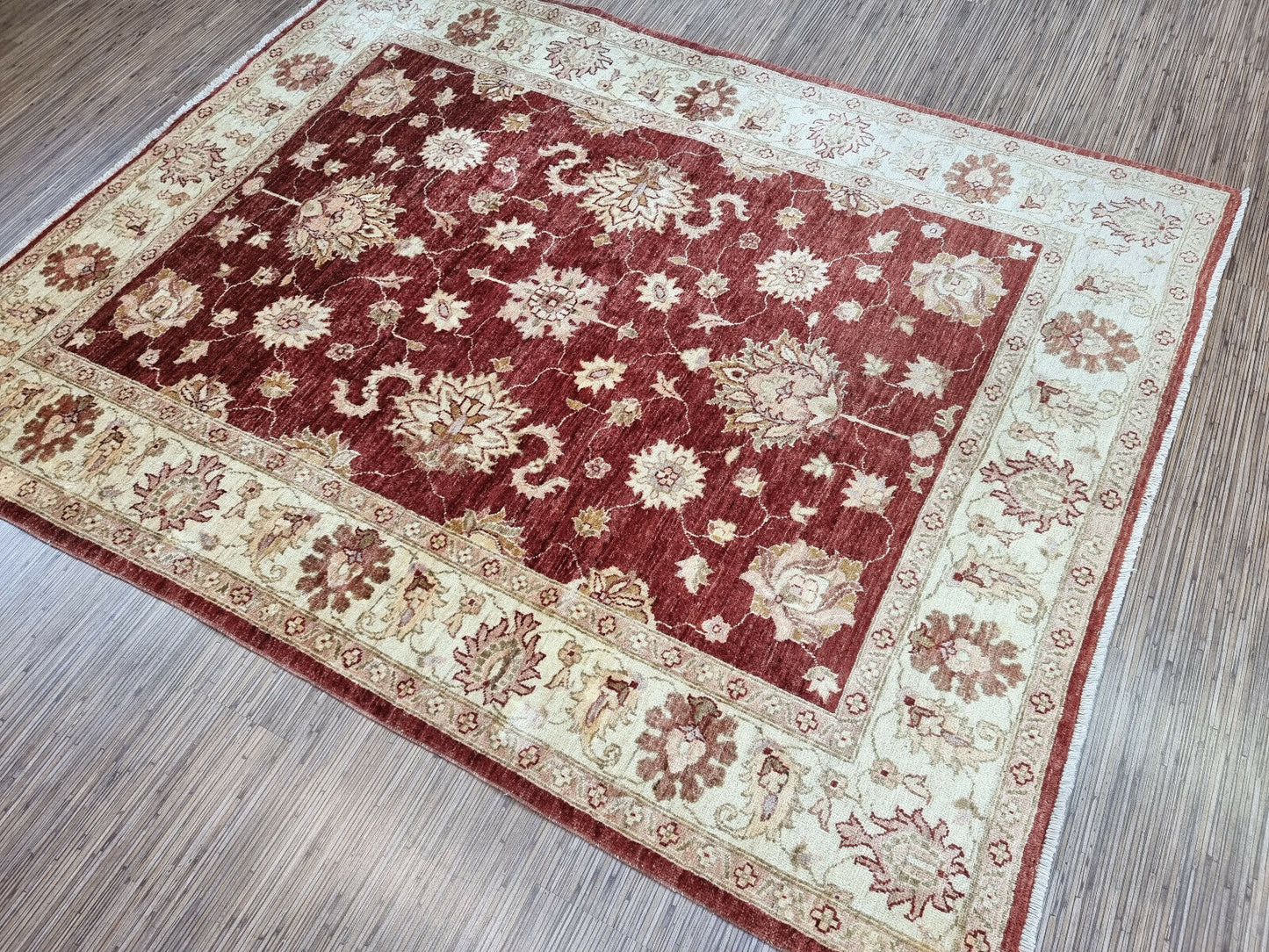 Close-up of historical significance on Handmade Vintage Afghan Zigler Rug - Detailed view highlighting the historical and cultural significance of the Zigler rug style.