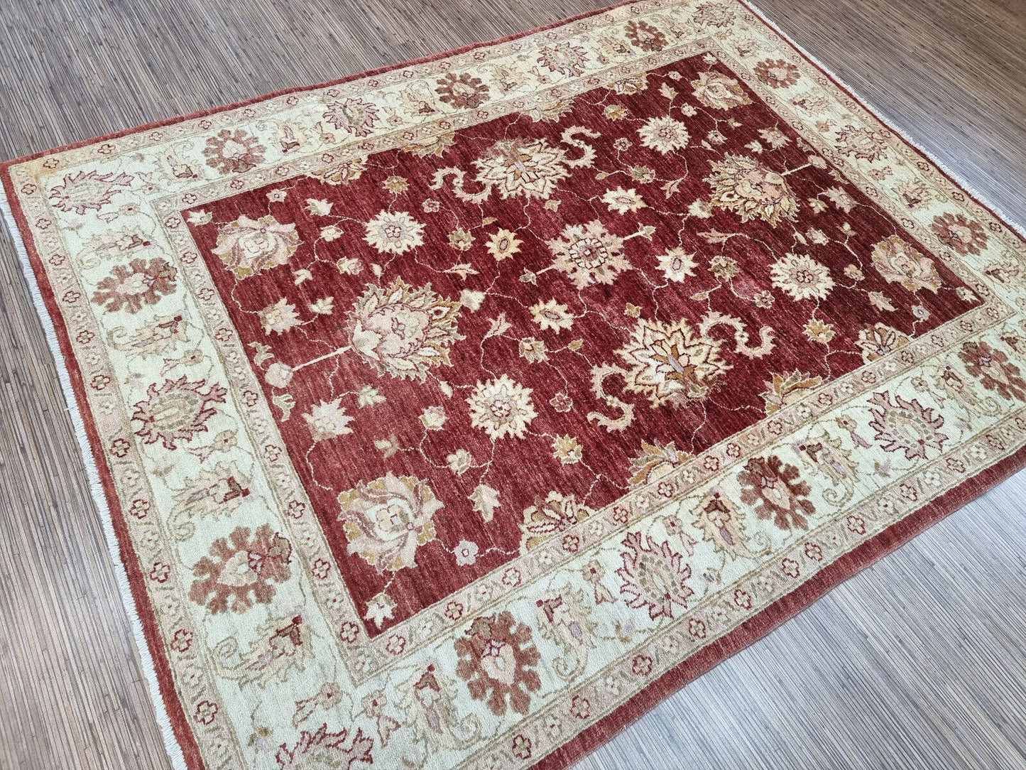 Close-up of vintage elegance on Handmade Vintage Afghan Zigler Rug - Detailed view showcasing the vintage elegance and charm of the rug.