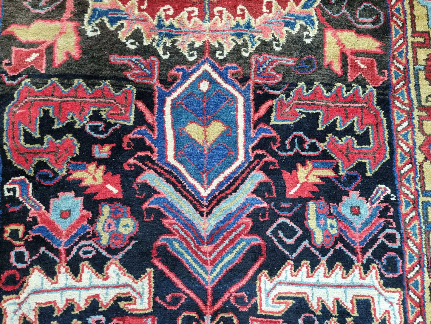 Close-up of wool texture on Handmade Antique Persian Heriz Runner Rug - Detailed view showcasing the wool texture known for its durability and comfort.