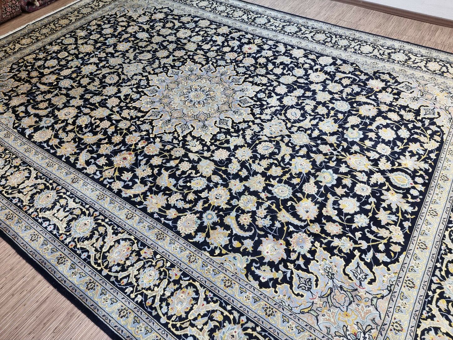 Close-up of Intricate Detailing and Quality Workmanship on Vintage Persian Kashan Rug - 1970s